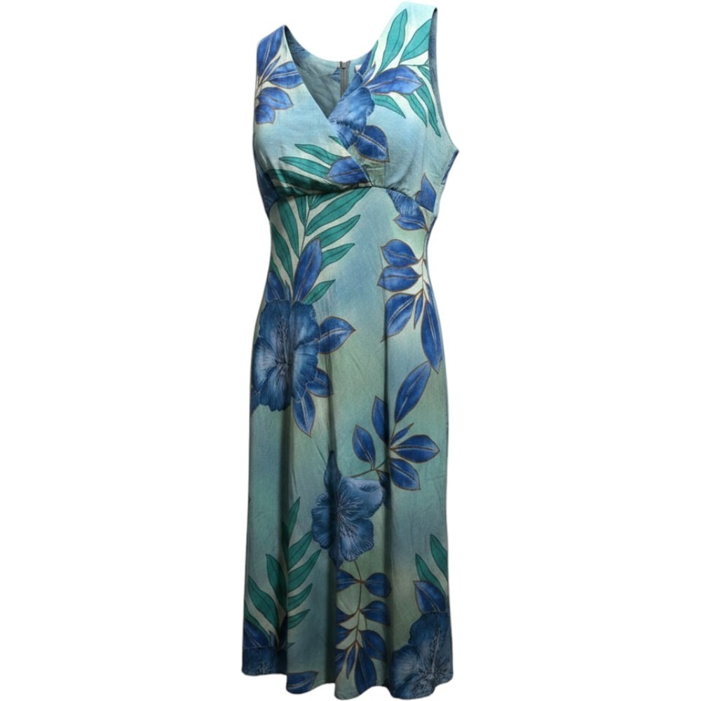 Iolani Hawaiian Floral Midi Dress Small Blue Green Rayon Hibiscus Made in Hawaii